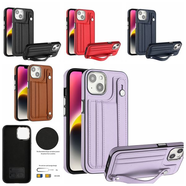 Bolsillo para tarjeta de identificación Push Grip Strip Monedero Estuches de cuero para iPhone 15 14 Pro Max Plus 13 12 11 XR XS X 8 6 7 Ranura de crédito Muñequera Soporte de correa Funda con tapa Bolsa a prueba de golpes