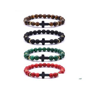 ID Identificatie Persoonlijkheid Wit Turquoise Vulkanische rotsen Tigerss Eye Bead Bracelet Men Dames Natuurlijke edelsteen Kruis Charms Sta Dhcfl