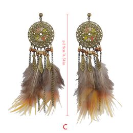 Idealwat Boheemse bronzen legering bruine veer Tassel drop email Flower Hook bengelen oorbellen voor vrouwen sieraden