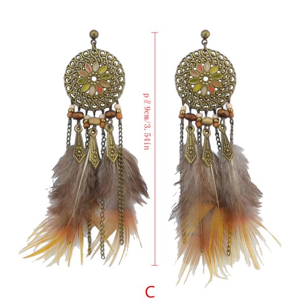 Idéalwat Bohemian Alliage Bronze Brown Feather Tassel Drop Enamel Fleur Crochet Pangle Boucles d'oreilles pour femmes bijoux