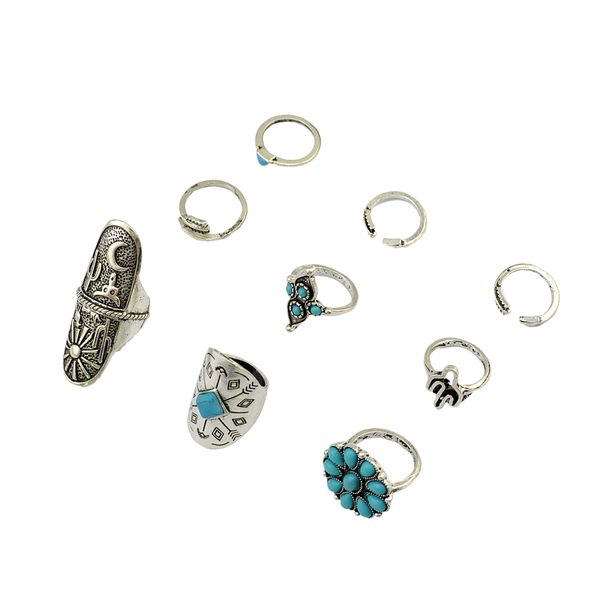 idealway Boho Vintage Gypsy Silver Joint Knuckle Nail Midi Finger Ring Turquoise Ring Lot de 9 anneaux