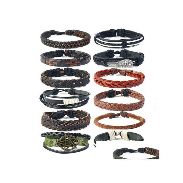 Identification 12Pcs / Set Rétro Bracelets En Cuir Véritable Pour Femmes Et Hommes À La Main Bricolage Mtilayer Tissé Ensemble Charme Couple Bijoux Drop Dhzgk