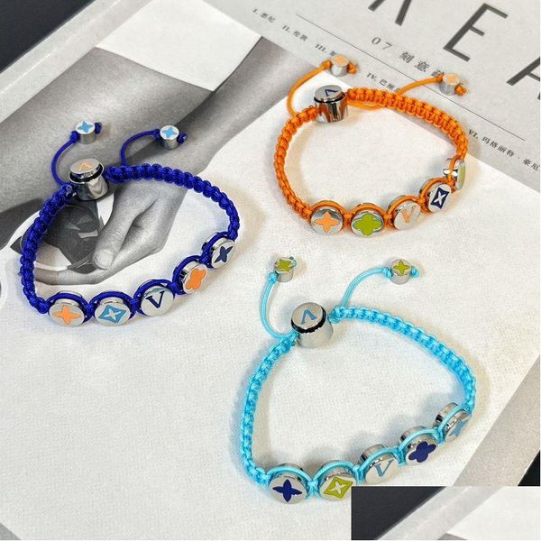 Identificación Europa America Fashion Style Men Lady Women Sier-Color Hardware Enamelo Flower Beads Nylon Rope Colors trenzado Bracele Otgzi