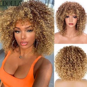 Idolla Short Curly Blonde Synthetic Afro Kinky met pony voor zwarte vrouwen natuurlijke ombre cosplay 240327