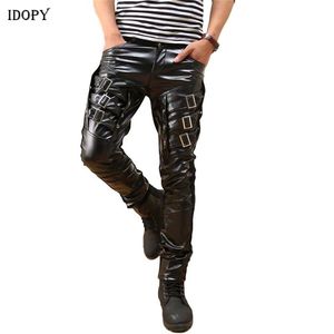 Idopy Arrivée Hommes Coréen Gothique Punk Parti Costume Faux Pantalon En Cuir PU Boucles Hip Hop Noir Pantalon Mâle 210715