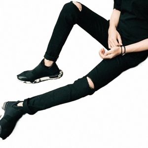 Idopy Casual Skinny Broek Mannen Effen Zwart Wit Potlood Gescheurde Bedelaar Jeans Met Knie Gat Voor Jeugd Mannelijke j4XS #