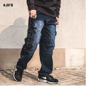 Idopy mode hommes Biker jean robuste Multi poches Style japonais coupe ample grande taille Cargo Denim pantalon pour Hipster 240106