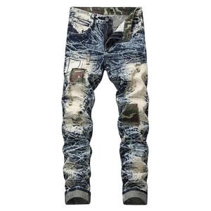 Idopy Moda Uomo Jeans Straight Fit Vintage Lavato Camo Patchwork Denim Pantaloni Hip Hop Jeans Strappati per Uomo289z