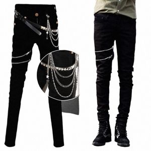 Idopy Fi Slim Fit Denim Broek Punk Stijl Hoge Elastische Stretch Ritsen Gothic Butt Jeans Broek Voor Mannen Met Ketting Q87e #