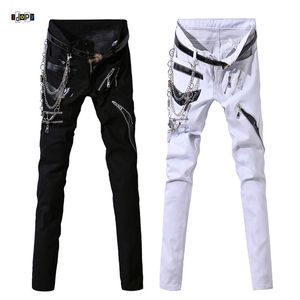 Idopy Men Hip Hop Jeans met Chain Patchwork Punk Gothic Party Stage Multi Rippers Lederen Performance Pants voor de mens