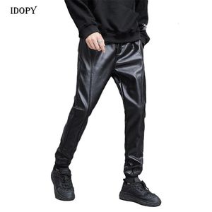 Idopy heren herfst kunstleer joggers harembroek hiphop enkelboeien elastische taille trekkoord PU elastische broek voor mannen 231226