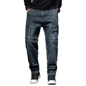 Idopy hommes Cargo jean mode Multi poches travail bleu coupe ample Denim pantalon pour homme grande taille 240103