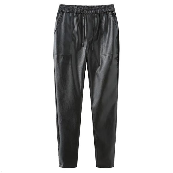 Idopy Herenmode Kunstleer Harembroek Elastische Taille PU Street Style Grote Zakken Trekkoord Hip Hop Joggers 231226