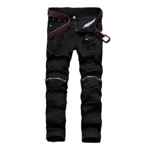 Idopy Men's Fashion Street Style Jeans con cremalleras de rodilla desgastadas rasgadas Hip Hop Stretchy Denim Joggers Pantalones X0621