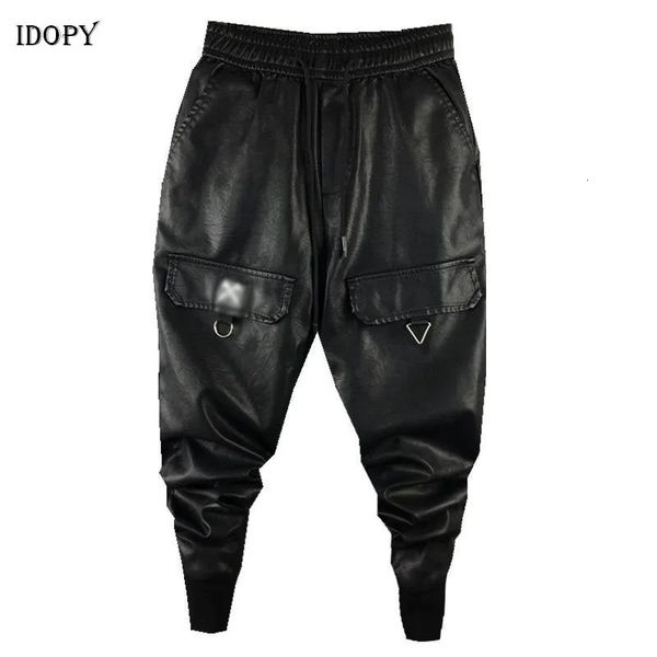 Idopy Pantalones Harem de cuero sintético para hombre con cordón cintura elástica estilo callejero Hip Hop tobillo con puños PU Leater Joggers pantalones masculinos 231228