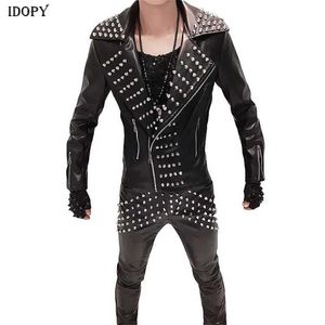 Idopy hommes Faux cuir veste Rivet clouté Slim Fit revers col vêtement de motard manteau pour homme 211009