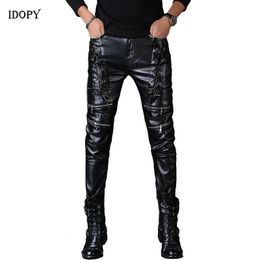 Idopy Pantalones de cuero para hombre Estilo punk negro Flaco con cordones Fiesta Escenario Performance Steampunk Faux PU Pleather Pantalones para hombre 231228