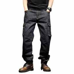 Idopy Jeans Cargo multi-poches pour hommes, ample et droit, grande taille 29-46, pantalon en Denim militaire, V0NG #