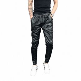 Idopy Nouvelle Arrivée Automne Hiver Hommes Coréen Hip Hop Faux Cuir Sarouel Cordon Taille Élastique PU Cuir Joggers u93u #