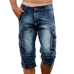 Idopy Summer Male Retro Cargo Denim Shorts Vintage Acid Washed Faded Multipocket Military Military Style Biker Jeans for Men 240412