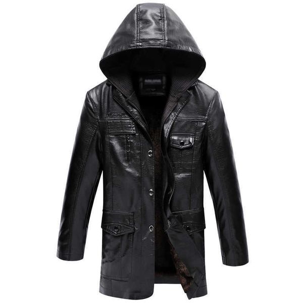 Idopy hiver chaud hommes longue veste en simili cuir avec capuche amovible polaire PU simili cuir trench-coat veste à capuche 211009