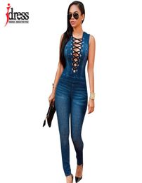 IDRESS Plus taille Summer Women Party Slim Jeans Combinaison Deep V Neck Lace Up ROMPERS FEME SEXY CLUB Saut-combats denim T27418456