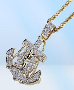 IED OUT Anchor Pendant Colliers for Men Luxury Designer Mens Bling Diamond Rudder Pendants 18K Gold plaqué Hip Hop Zircon Jewelry5658342