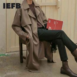 IEFB Automne Mode coréenne Double boutonnage Coupe-vent Homme Moyen Long Lâche Beau Trench-Coat Ceinture 9Y5262 210819