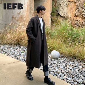IEFB automne hiver hommes manteau de laine britannique sur le genou Tweed manteau tendance coréenne épaissi mi-longueur manteaux avec ceinture 211122