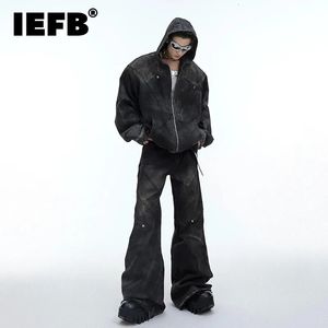 IEFB Autumn Winter Mens Denim Set Niche épaule vintage épaule Veste à capuche en denim à capuche en deux pièces Baggy Baggy Lignet Jean 9C3250 240412