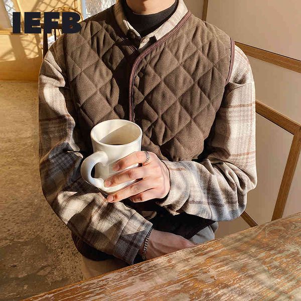 IEFB Otoño Invierno chaleco de algodón grueso a cuadros suelto vintage coreano moda cálido chaleco casual básico clthes hombres 9Y4574 210524