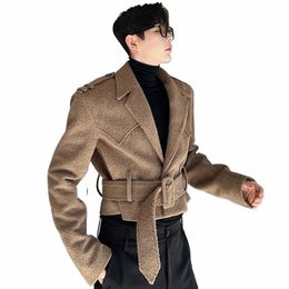 Iefb otoño invierno engrosado diseñador cinturón de lana corto hombres chaqueta abrigo 2023 color sólido coreano fi masculino tops 9A6200 F4vQ #