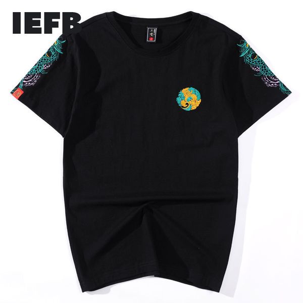 IEFB Chine Dragon Broderie Coton T-shirt à manches courtes Hommes Summer Loose Couple Tee Tops 9Y6009 210524