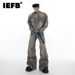 IEFB Denim Jacket Set Male Niche Destruction Micro Horn Ripped Jeans Single Breasted Stand Collar Vintage Fashion 24x1352 240412