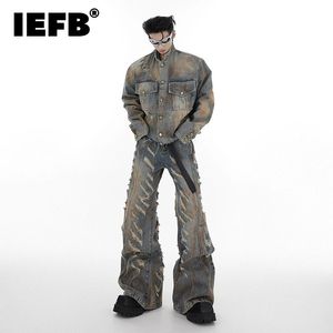 IEFB denim jas set mannelijke niche vernietiging micro hoorn gescheurde jeans single breasted stand kraag vintage mode 24x1352 240412