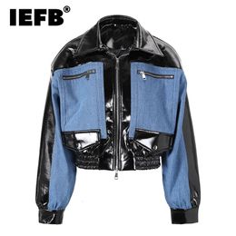 IEFB Denim Patchwork vestes en cuir tendance hommes mode Silhouette court coupe-vent Style coréen luxe décontracté Pu manteau CPG0512 240125