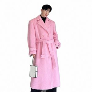 IEFB coréen hommes laine manteau décontracté revers double boutonnage LG tranchée couleur unie mâle pardessus ceinture 2023 automne tendance 9C2884 P8h6 #