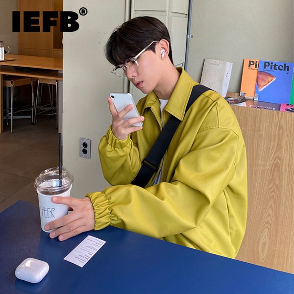 IEFB Style coréen mode veste en cuir PU hommes automne lâche revers fermeture éclair à manches longues Streetwear jaune manteau 220816