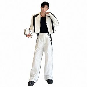 iefb Koreaanse stijl luxe sets Niche mannelijke blazers Pu-leer gesplitst pak jas wijde pijpen pak broek tweedelige tij herenkleding 9C1614 Y831 #