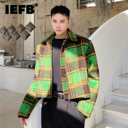 IEFB Chaqueta corta a cuadros de lana de otoño e invierno para hombre, abrigo con cremallera y solapa de moda vintage, ropa de manga larga con bloques de color