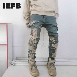 IEFB hommes bleu jean Streetwear détruit déchiré jean Homme Hip Hop cassé Modis mâle crayon dentelle broderie Patch pantalon 210524