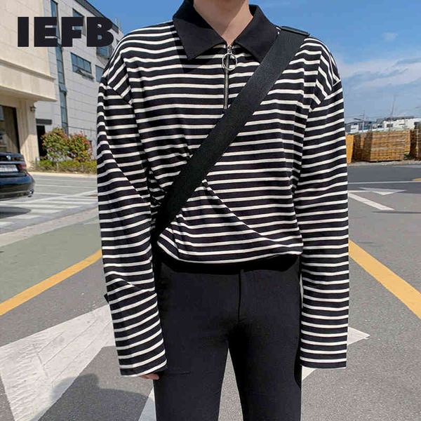 IEFB vêtements pour hommes streetwear polos à manches longues mode coréenne printemps lâche noir blanc rayé hauts fermeture éclair 9Y5624 210524