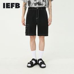 IEFB Vêtements pour hommes Shorts d'été Wash White Line Stereo Pocket Design Straight Loose Black Knee Length Pants 9Y6375 210524