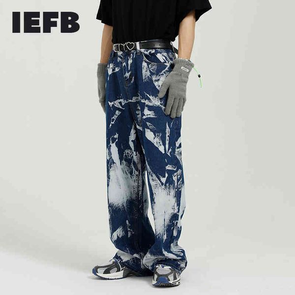 IEFB Jeans bleu foncé pour hommes coréen tendance cravate teinture lâche tendance droite denim pantalon beau vintage streetwear jeans 210524