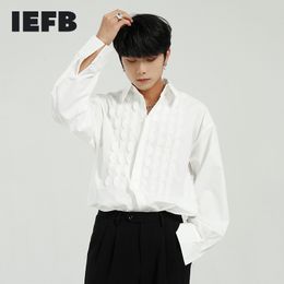 IEFB heren lente ontwerp lange mouwen shirts losse knappe effen kleur zwart wit ruches causale blouse Koreaans 9Y5412 210524