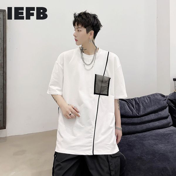 IEFB Camiseta para hombre Tops Contraste Color Patchwork Solo bolsillo High Street Hip Hop Media manga Camiseta Negro Blanco Causal 210524