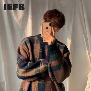 IEFB ropa de hombre otoño invierno suéter grueso moda coreana bloque de color patchwork a cuadros sueltos vetas kintted tops masculino 3242 211006