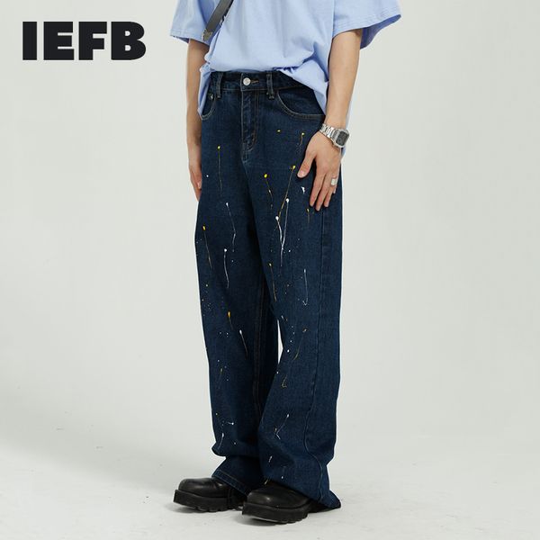 IEFB vêtements pour hommes mode coréenne Splash encre conception ample taille moyenne décontracté bleu foncé jean Streetwear Denim pantalon Y7118 210524