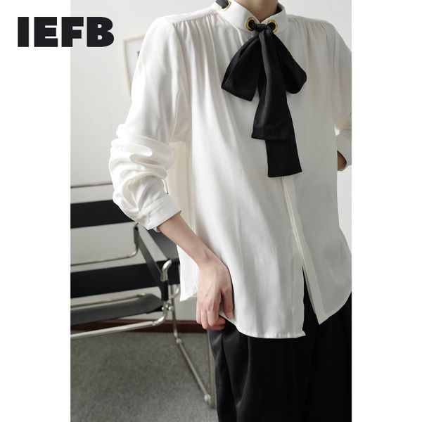 IEFB Men's Wear Niche Design String Bandage Stand Collier Lâche Chemise Blanche Pour Homme Ong Manches Lâche Causl Tops Printemps Y3301 210524