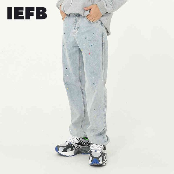 IEFB vêtements pour hommes produit Splash peinture bleu jean droit ample Vintage décontracté mode coréenne Denim pantalon mâle 9Y4915 210524